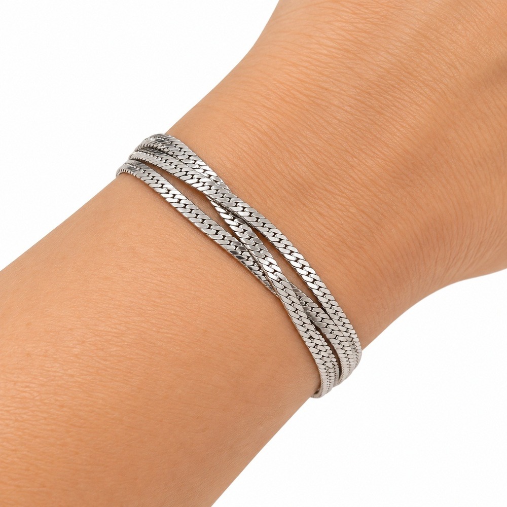 Monet Vintage Silver Tone Triple Strand Herringbone Chain Bracelet 7 Inch